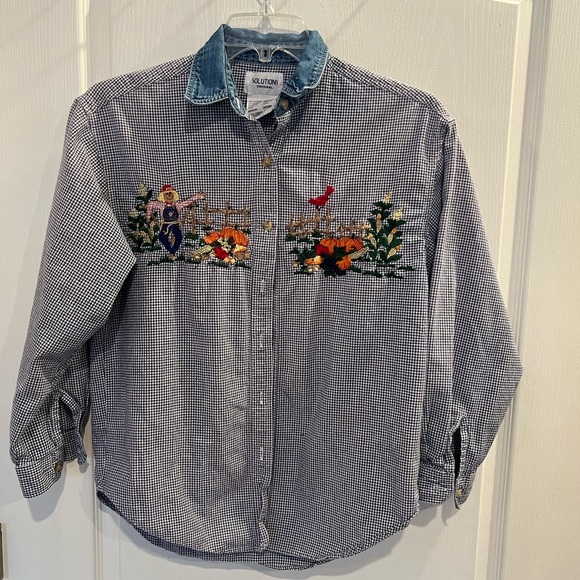 Vintage solutions original women’s button up shirt. Embroidered scarecrow fall - Picture 1 of 7